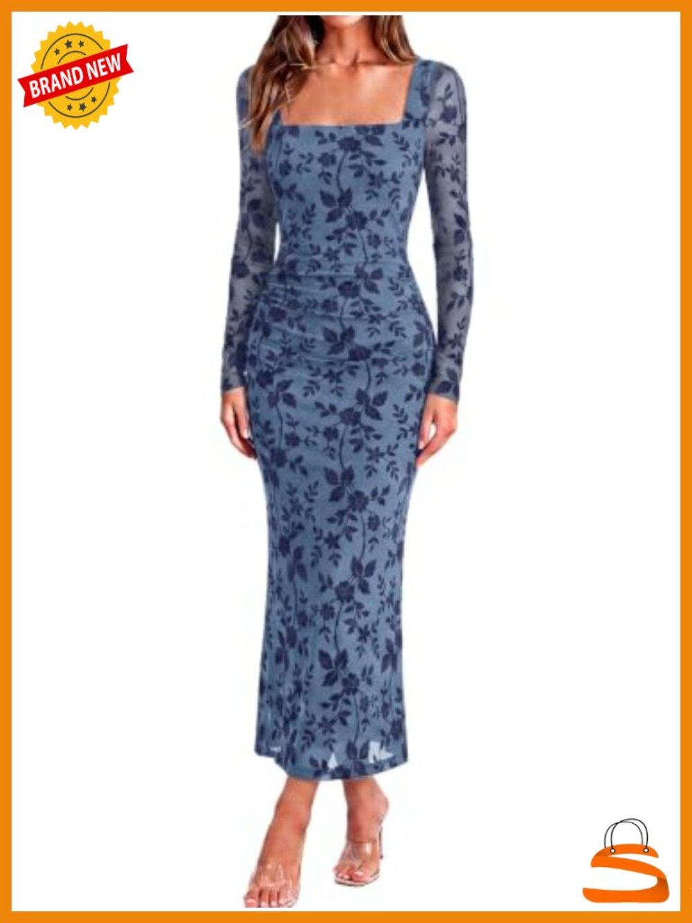 Floral Print Mesh Midi Dress Square Neck Long Sleeve Bodycon Ruched Cocktail